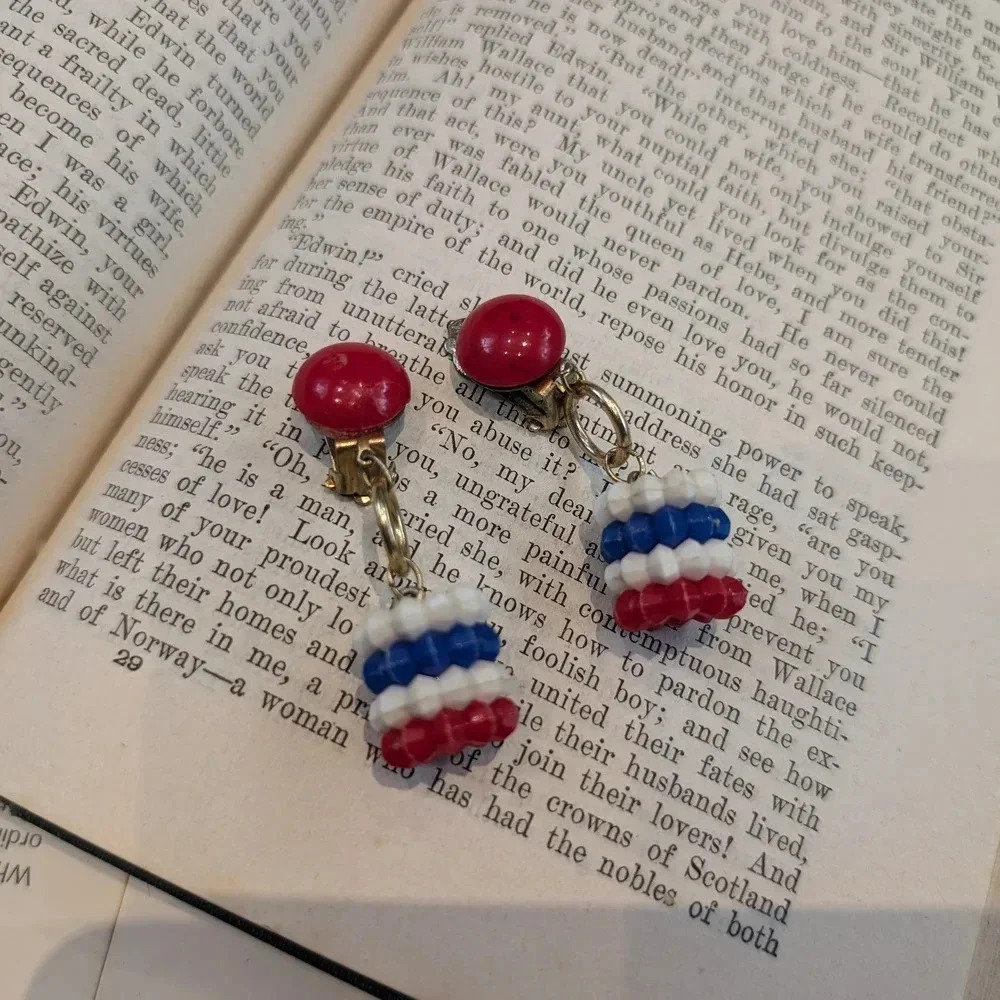 Vintage Red White Blue Beaded Earrings